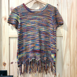 John Paul Richard Knit Fringe Colorful Top Boho Hippie Festival Rainbow Size S
